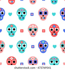 Sugar skulls cute seamless pattern. Day of dead holiday. Background, texture textile