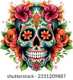 Sugar Skulls. Day of the Dead Skull, isolated on white background. Dia de los Muertos. Mexican sugar skull. Design element for logo, emblem, sign, poster, card, banner. Vector illustration. Color