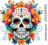 Sugar Skulls. Day of the Dead Skull, isolated on white background. Dia de los Muertos. Mexican sugar skull. Design element for logo, emblem, sign, poster, card, banner. Vector illustration. Color