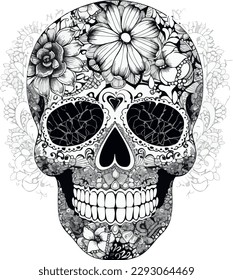 Sugar Skulls. Day of the Dead Skull, isolated on white background. Dia de los Muertos. Mexican sugar skull. Design element for logo, emblem, sign, poster, card, banner. Vector illustration. Black