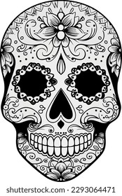 Sugar Skulls. Day of the Dead Skull, isolated on white background. Dia de los Muertos. Mexican sugar skull. Design element for logo, emblem, sign, poster, card, banner. Vector illustration. Black