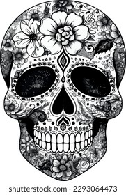 Calaveras de azúcar. Día de la Calavera Muerta, aislado en fondo blanco. Día de los Muertos. Calavera de azúcar mexicana. Elemento de diseño para logotipo, emblema, signo, afiche, tarjeta, pancarta. Ilustración vectorial. Negro