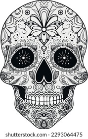 Calaveras de azúcar. Día de la Calavera Muerta, aislado en fondo blanco. Día de los Muertos. Calavera de azúcar mexicana. Elemento de diseño para logotipo, emblema, signo, afiche, tarjeta, pancarta. Ilustración vectorial. Negro