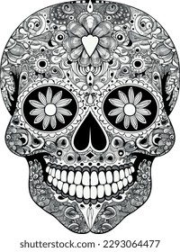 Sugar Skulls. Day of the Dead Skull, isolated on white background. Dia de los Muertos. Mexican sugar skull. Design element for logo, emblem, sign, poster, card, banner. Vector illustration. Black