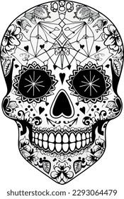 Sugar Skulls. Day of the Dead Skull, isolated on white background. Dia de los Muertos. Mexican sugar skull. Design element for logo, emblem, sign, poster, card, banner. Vector illustration. Black