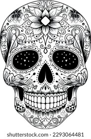 Sugar Skulls. Day of the Dead Skull, isolated on white background. Dia de los Muertos. Mexican sugar skull. Design element for logo, emblem, sign, poster, card, banner. Vector illustration. Black