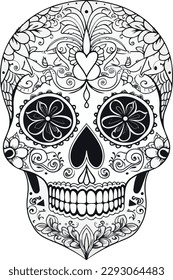 Sugar Skulls. Day of the Dead Skull, isolated on white background. Dia de los Muertos. Mexican sugar skull. Design element for logo, emblem, sign, poster, card, banner. Vector illustration. Black