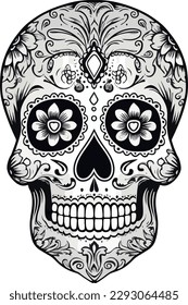 Sugar Skulls. Day of the Dead Skull, isolated on white background. Dia de los Muertos. Mexican sugar skull. Design element for logo, emblem, sign, poster, card, banner. Vector illustration. Black