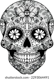 Sugar Skulls. Day of the Dead Skull, isolated on white background. Dia de los Muertos. Mexican sugar skull. Design element for logo, emblem, sign, poster, card, banner. Vector illustration. Black