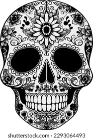 Sugar Skulls. Day of the Dead Skull, isolated on white background. Dia de los Muertos. Mexican sugar skull. Design element for logo, emblem, sign, poster, card, banner. Vector illustration. Black