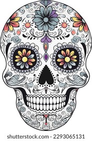 Sugar Skulls. Day of the Dead Skull, isolated on white background. Dia de los Muertos. Mexican sugar skull. Design element for logo, emblem, sign, poster, card, banner. Vector illustration. Color