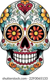 Sugar Skulls. Day of the Dead Skull, isolated on white background. Dia de los Muertos. Mexican sugar skull. Design element for logo, emblem, sign, poster, card, banner. Vector illustration. Color