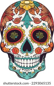 Sugar Skulls. Day of the Dead Skull, isolated on white background. Dia de los Muertos. Mexican sugar skull. Design element for logo, emblem, sign, poster, card, banner. Vector illustration. Color