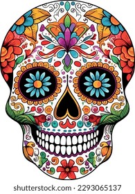 Sugar Skulls. Day of the Dead Skull, isolated on white background. Dia de los Muertos. Mexican sugar skull. Design element for logo, emblem, sign, poster, card, banner. Vector illustration. Color