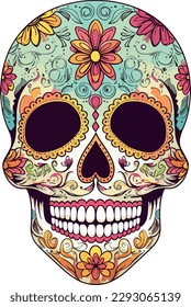 Sugar Skulls. Day of the Dead Skull, isolated on white background. Dia de los Muertos. Mexican sugar skull. Design element for logo, emblem, sign, poster, card, banner. Vector illustration. Color