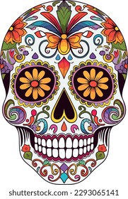 Sugar Skulls. Day of the Dead Skull, isolated on white background. Dia de los Muertos. Mexican sugar skull. Design element for logo, emblem, sign, poster, card, banner. Vector illustration. Color