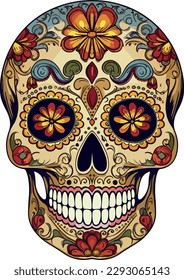 Sugar Skulls. Day of the Dead Skull, isolated on white background. Dia de los Muertos. Mexican sugar skull. Design element for logo, emblem, sign, poster, card, banner. Vector illustration. Color