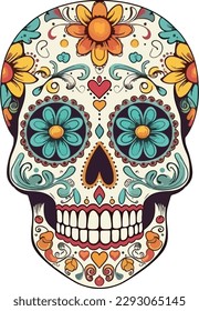 Sugar Skulls. Day of the Dead Skull, isolated on white background. Dia de los Muertos. Mexican sugar skull. Design element for logo, emblem, sign, poster, card, banner. Vector illustration. Color