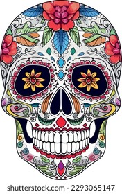 Sugar Skulls. Day of the Dead Skull, isolated on white background. Dia de los Muertos. Mexican sugar skull. Design element for logo, emblem, sign, poster, card, banner. Vector illustration. Color