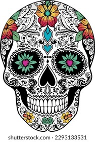 Sugar Skulls. Day of the Dead Skull, isolated on white background. Dia de los Muertos. Mexican sugar skull. Design element for logo, emblem, sign, poster, card, banner. Vector illustration.