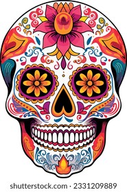 Sugar Skulls. Day of the Dead Skull, isolated on white background. Dia de los Muertos. Mexican sugar skull. Design element for logo, emblem, sign, poster, card, banner. Vector illustration. Color