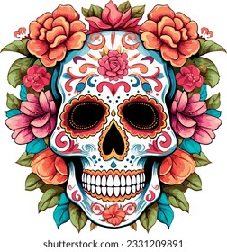 Sugar Skulls. Day of the Dead Skull, isolated on white background. Dia de los Muertos. Mexican sugar skull. Design element for logo, emblem, sign, poster, card, banner. Vector illustration. Color