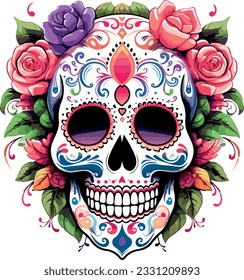 Sugar Skulls. Day of the Dead Skull, isolated on white background. Dia de los Muertos. Mexican sugar skull. Design element for logo, emblem, sign, poster, card, banner. Vector illustration. Color