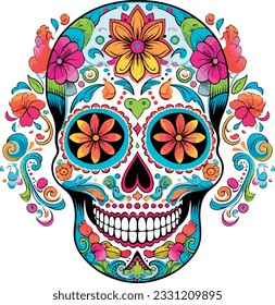 Sugar Skulls. Day of the Dead Skull, isolated on white background. Dia de los Muertos. Mexican sugar skull. Design element for logo, emblem, sign, poster, card, banner. Vector illustration. Color