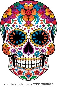 Sugar Skulls. Day of the Dead Skull, isolated on white background. Dia de los Muertos. Mexican sugar skull. Design element for logo, emblem, sign, poster, card, banner. Vector illustration. Color