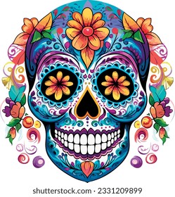 Sugar Skulls. Day of the Dead Skull, isolated on white background. Dia de los Muertos. Mexican sugar skull. Design element for logo, emblem, sign, poster, card, banner. Vector illustration. Color