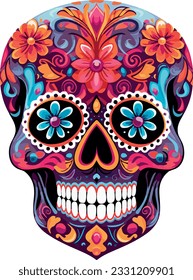 Sugar Skulls. Day of the Dead Skull, isolated on white background. Dia de los Muertos. Mexican sugar skull. Design element for logo, emblem, sign, poster, card, banner. Vector illustration. Color