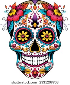 Sugar Skulls. Day of the Dead Skull, isolated on white background. Dia de los Muertos. Mexican sugar skull. Design element for logo, emblem, sign, poster, card, banner. Vector illustration. Color