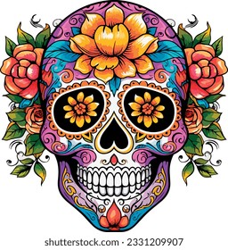 Sugar Skulls. Day of the Dead Skull, isolated on white background. Dia de los Muertos. Mexican sugar skull. Design element for logo, emblem, sign, poster, card, banner. Vector illustration. Color