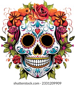 Sugar Skulls. Day of the Dead Skull, isolated on white background. Dia de los Muertos. Mexican sugar skull. Design element for logo, emblem, sign, poster, card, banner. Vector illustration. Color