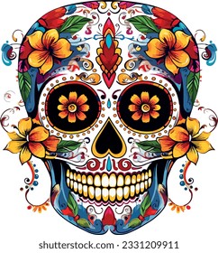 Sugar Skulls. Day of the Dead Skull, isolated on white background. Dia de los Muertos. Mexican sugar skull. Design element for logo, emblem, sign, poster, card, banner. Vector illustration. Color