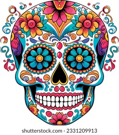 Sugar Skulls. Day of the Dead Skull, isolated on white background. Dia de los Muertos. Mexican sugar skull. Design element for logo, emblem, sign, poster, card, banner. Vector illustration. Color