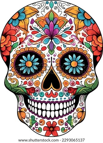 Sugar Skulls. Day of the Dead Skull, isolated on white background. Dia de los Muertos. Mexican sugar skull. Design element for logo, emblem, sign, poster, card, banner. Vector illustration. Color