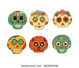 Sugar skulls decorated by design elements and colorful floral ornament. Mexican national holiday Day of the dead. Festive banner templates for Dia de los muertos. Vector illustration