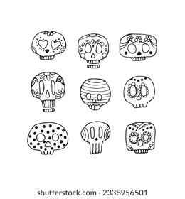 Sugar skulls decorated by design elements and colorful floral ornament. Mexican national holiday Day of the dead. Festive banner templates for Dia de los muertos. Vector