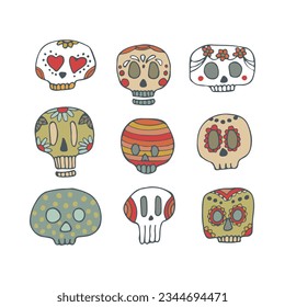 Sugar skulls decorated by design elements and colorful floral ornament. Mexican national holiday Day of the dead. Festive banner templates for Dia de los muertos. Vector illustration