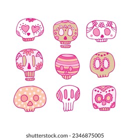 Sugar skulls decorated by design elements and colorful floral ornament. Mexican national holiday Day of the dead. Festive banner templates for Dia de los muertos. Vector illustration