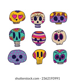 Sugar skulls decorated by design elements and colorful floral ornament. Mexican national holiday Day of the dead. Festive banner templates for Dia de los muertos. Vector illustration