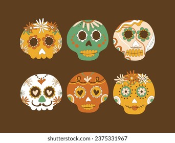 Sugar skulls decorated by design elements and colorful floral ornament. Mexican national holiday Day of the dead. Festive banner templates for Dia de los muertos. Vector illustration