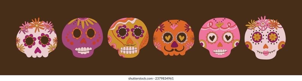 Sugar skulls decorated by design elements and colorful floral ornament. Mexican national holiday Day of the dead. Festive banner templates for Dia de los muertos. Vector illustration