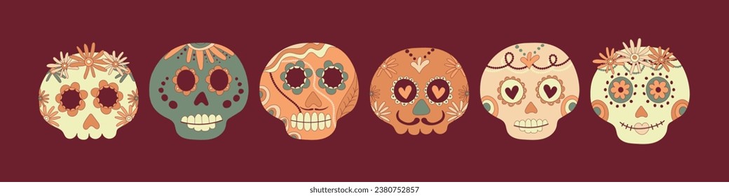 Sugar skulls decorated by design elements and colorful floral ornament. Mexican national holiday Day of the dead. Festive banner templates for Dia de los muertos. Vector illustration