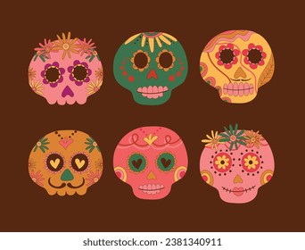 Sugar skulls decorated by design elements and colorful floral ornament. Mexican national holiday Day of the dead. Festive banner templates for Dia de los muertos. Vector illustration