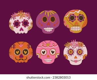 Sugar skulls decorated by design elements and colorful floral ornament. Mexican national holiday Day of the dead. Festive banner templates for Dia de los muertos. Vector illustration