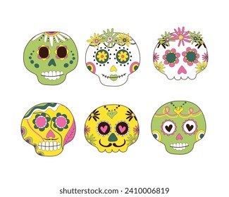 Sugar skulls decorated by design elements and colorful floral ornament. Mexican national holiday Day of the dead. Festive banner templates for Dia de los muertos. Vector illustration