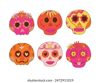 Sugar skulls decorated by design elements and colorful floral ornament. Mexican national holiday Day of the dead. Festive banner templates for Dia de los muertos. Vector illustration