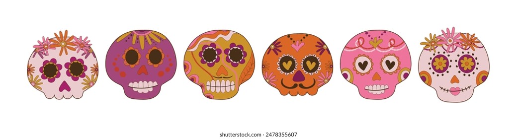 Sugar skulls decorated by design elements and colorful floral ornament. Mexican national holiday Day of the dead. Festive banner templates for Dia de los muertos. Vector illustration